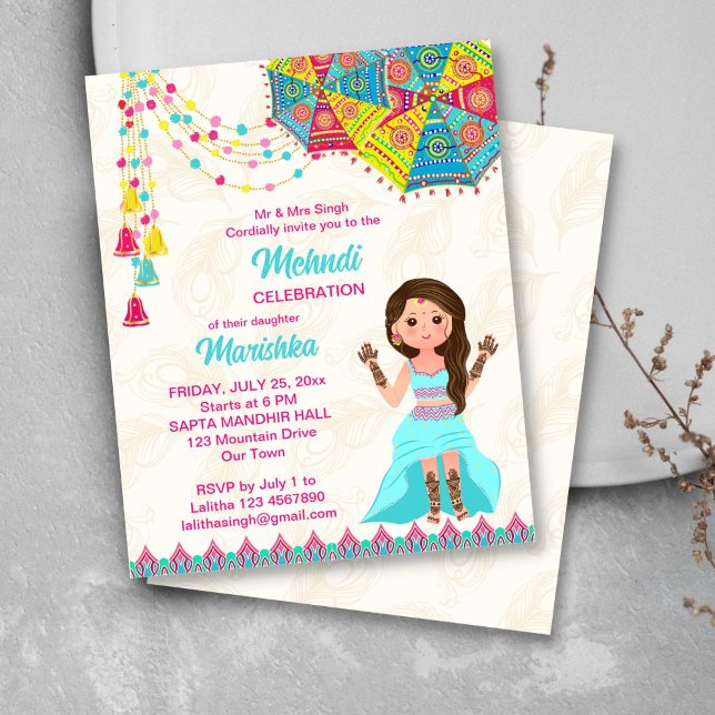 Mehndi budget invitation rose bleu mignon fille in (Mehndi budget invitation template cute Indian bride cartoon character umbrellas decor)