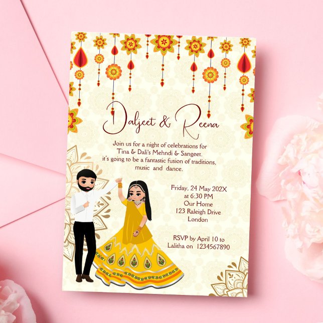 Mehndi sangeet invitation dansant mignon couple in (Mehndi and sangeet invitation editable template digital  dancing cute Indian couple caricature )
