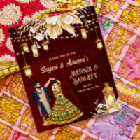 Mehndi Sangeet maroon danser couple invitation bud