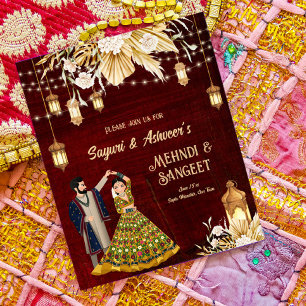 Mehndi Sangeet maroon danser couple invitation bud