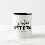 Meilleur Boss Boss Funny Boss Cadeau Café Mug<br><div class="desc">Avez-vous le meilleur patron du monde ? Pourquoi ne pas leur faire savoir avec cette tasse amusante avec de la typographie noire qui dit "Meilleur Patron du Monde" et en dessous, juste pour qu'ils sachent qui elle vient de "oui, mon employé préféré m'a donné cette tasse". Aussi disponible avec l'orthographe...</div>