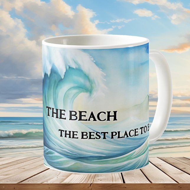 Meilleur endroit pour être Watercolor Beach Mug (Mug featuring a watercolor painting of a big wave on the beach. Great for a beach house or surfer)
