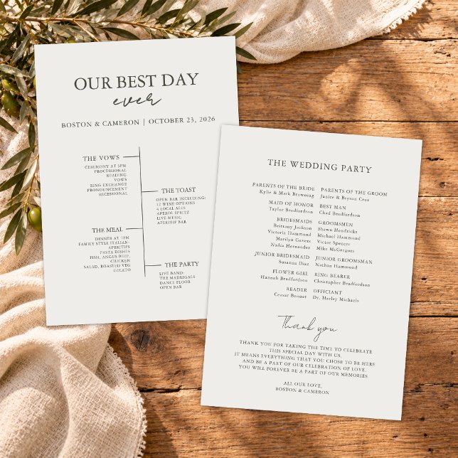 Meilleur jour de mariage Programme de cérémonie de (modern minimalist best day ever wedding timeline ceremony program for elegant wedding day italy)
