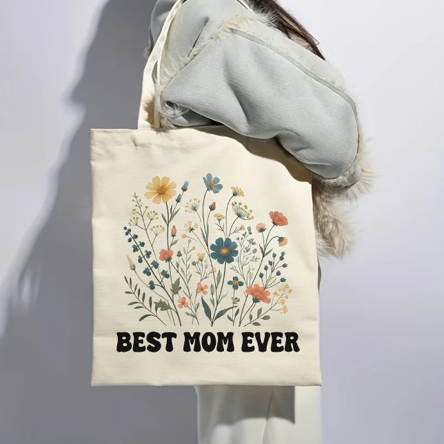 Meilleur Sac fourre-tout Fleur sauvage rétro pour  (best mom ever tote, mom gift tote bag, retro tote bag, wildflowers tote bag, mother’s day tote)