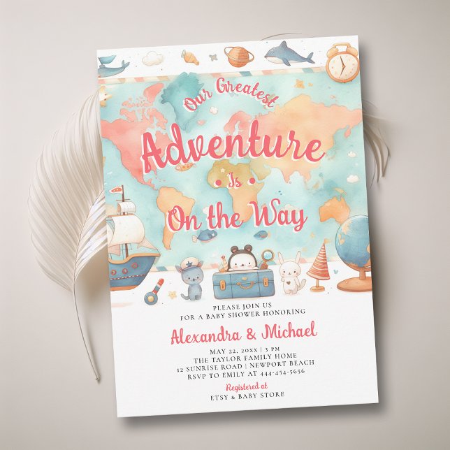 Meilleure carte d'aventure Couples Baby shower fil (adventure girl baby shower invitation cute world map watercolor cute adorable boat animals luggage)