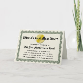 Meilleure carte de certificat maman Award du monde