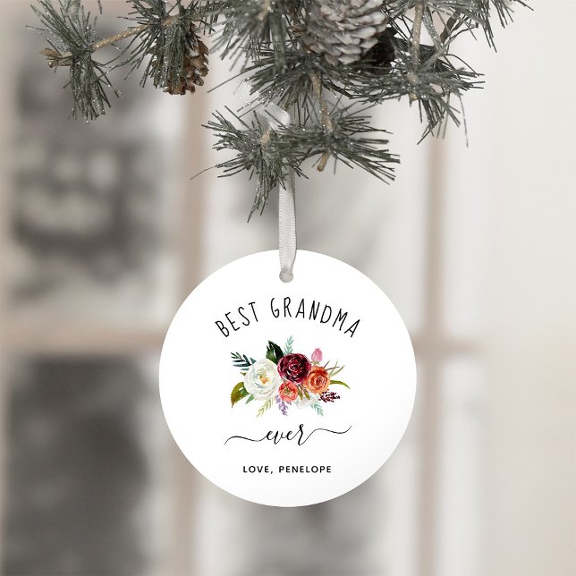 Meilleure grand-mère | Burgundy Boho Floral Photo (A sweet and simple holiday ornament keepsake for your grandma)