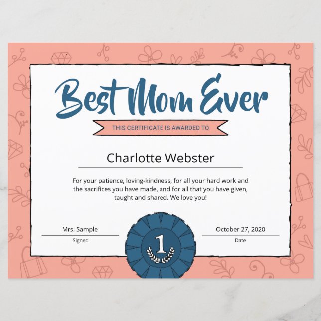 Meilleure Maman Certificat de Parent Prix de la Fê (Devant)