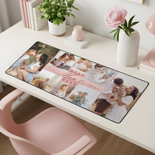 Meilleure maman Jamais Famille Photo Collage Pink  (Best Mum Ever Family Photo Collage Pink Woodgrain Desk Mat)
