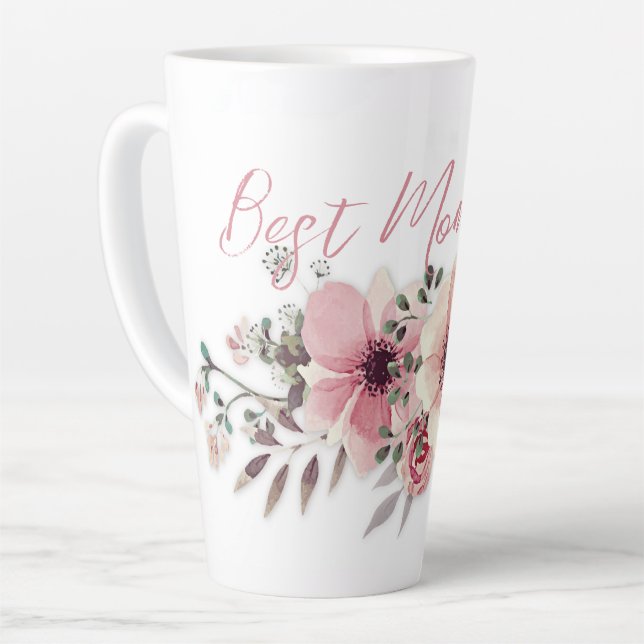 Meilleure Maman Mug Latte Fleurs Roses (Angle gauche)