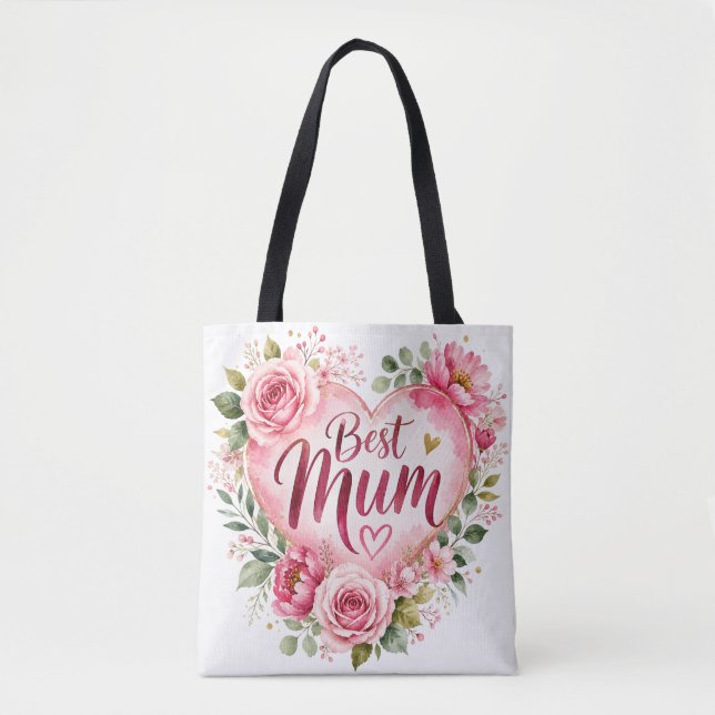 Meilleure Maman Sac Design Cœur Fleurs Aquarelle (Devant)