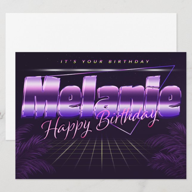 Melanie prénom carte rétro lilas pour anniversaire (Devant / Derrière)