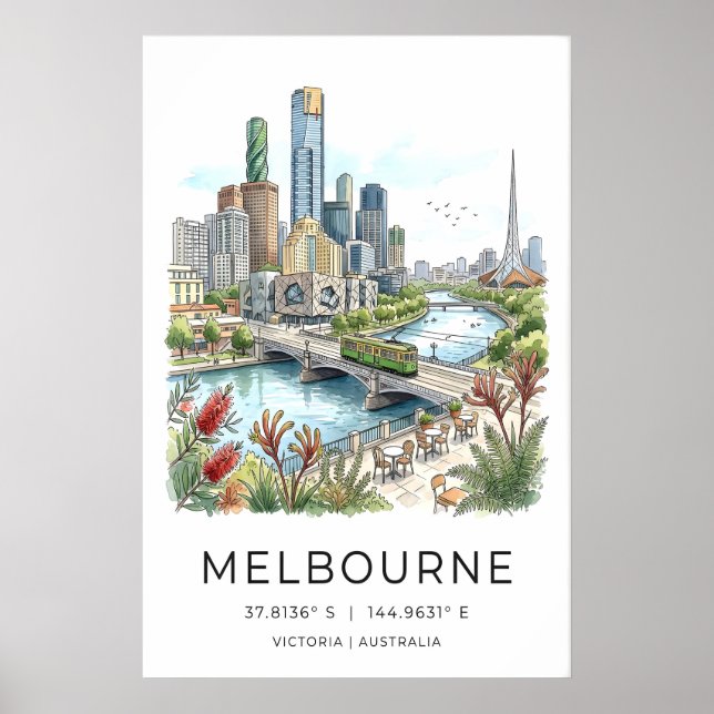 Melbourne Skyline Poster - Hand-Sketched Cityscape (Devant)