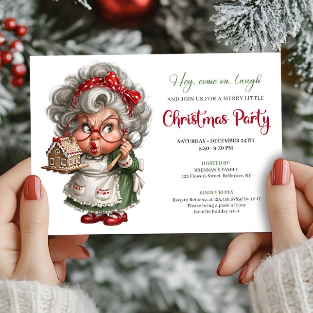 Mémé BD grincheuse Invitation joyeuse fête de Noël (Grumpy Comic Grandma Cheerful Xmas Party Invite)