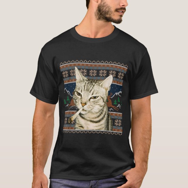Mème de chat qui fume drôle T-shirt de Noël laid C (Devant)