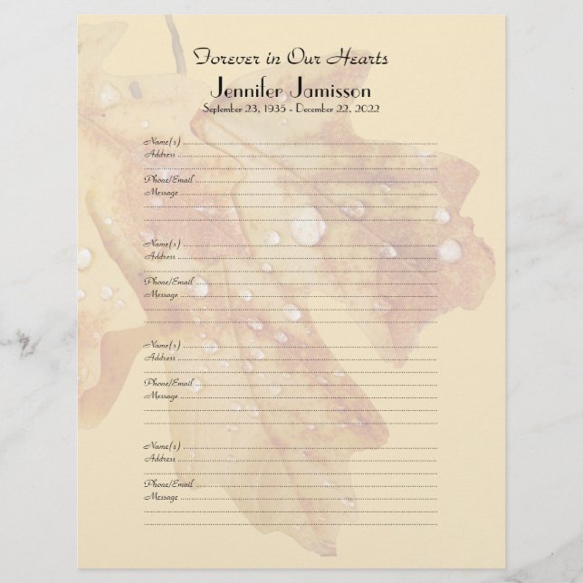 Memorial Book Filler Sign-in Page Raindrops Leaves (Devant)
