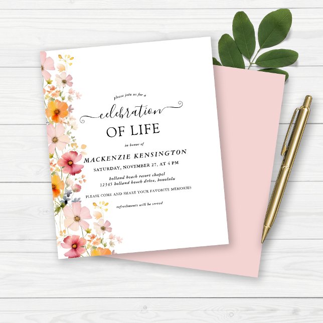 Mémorial de la fête de la vie des Fleurs sauvages  (Budget Wildflowers Celebration of Life Memorial Invitation)