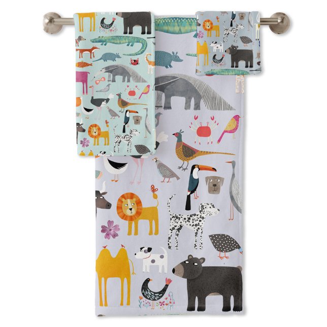Ménagerie animale (Fun animal menagerie with wild, safari, zoo and pet animals and birds pattern towel set)