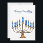 Menorah avec des bougies brûlantes Bonne carte Han<br><div class="desc">Ménorah aquarelle avec bougies bleues sur le devant et Star of David sur le dos. Heureux Hanoukka et salutation à l'arrière peuvent être changés. L'IA a aidé graphisme acheté à des fins commerciales. Oeuvre : CosmicMeta</div>