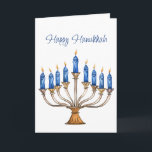 Menorah avec des bougies brûlantes Bonne carte Han<br><div class="desc">Ménorah aquarelle avec bougies bleues brûlantes sur l'avant et Star of David à l'intérieur. Heureux Hanoukka et salutation à l'intérieur peuvent être changés. L'IA a aidé graphisme acheté à des fins commerciales. Oeuvre : CosmicMeta</div>