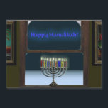 Menorah Dans La Fenêtre<br><div class="desc">Une représentation d'une menorah traditionnelle de Chanukkah dans une fenêtre. La menorah se reflète dans la fenêtre, il y a du gel sur le verre, et de la neige dehors.</div>