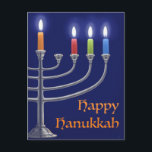 "Menorah de Hanouka." Carte postale<br><div class="desc">"Menorah de Hanouka." est une peinture numérique réalisée sous Photoshop d'une menorah de Hanouka avec des bougies allumées pour la troisième nuit. J'espère que vous l'apprécierez.
Merci, 
Corbie Eva Crouse</div>