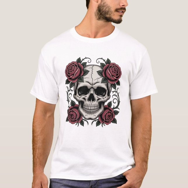 Men's Basic Gothic Skull with Roses – Dark T-Shirt (Devant)
