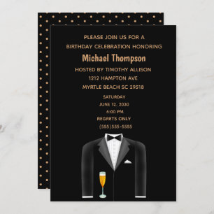 Mens Black Gold Tux Anniversaire Fête Invitation