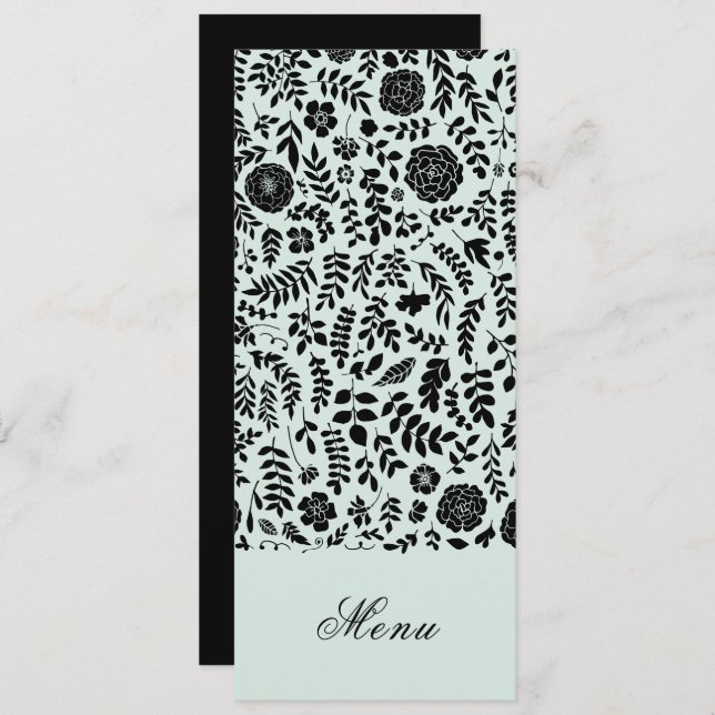 Menthe | Cartes de menu de mariage floral noir (Devant / Derrière)