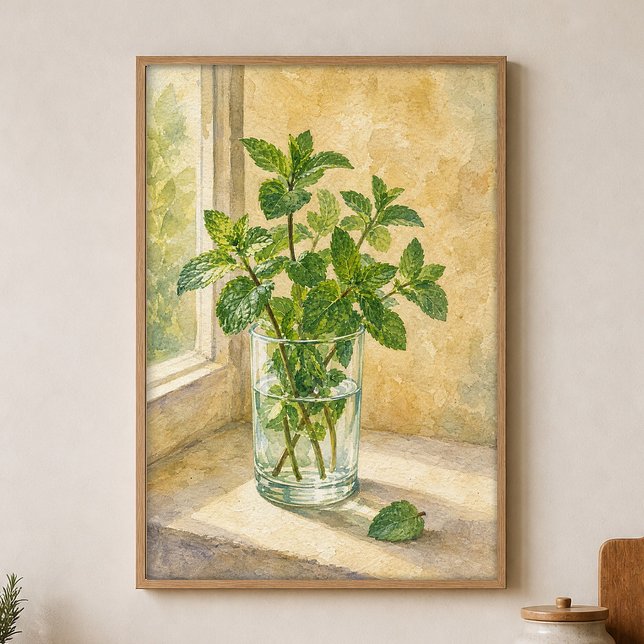 Menthe dans un verre d'eau Affiche aquarelle (Shown framed for scale. Poster ships unframed; frames are an optional add-on.)