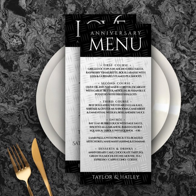 Menu 11ème anniversaire de Mariage en acier (Elegant 11th Steel Wedding Anniversary Menu Rack Card Cover Photo.)