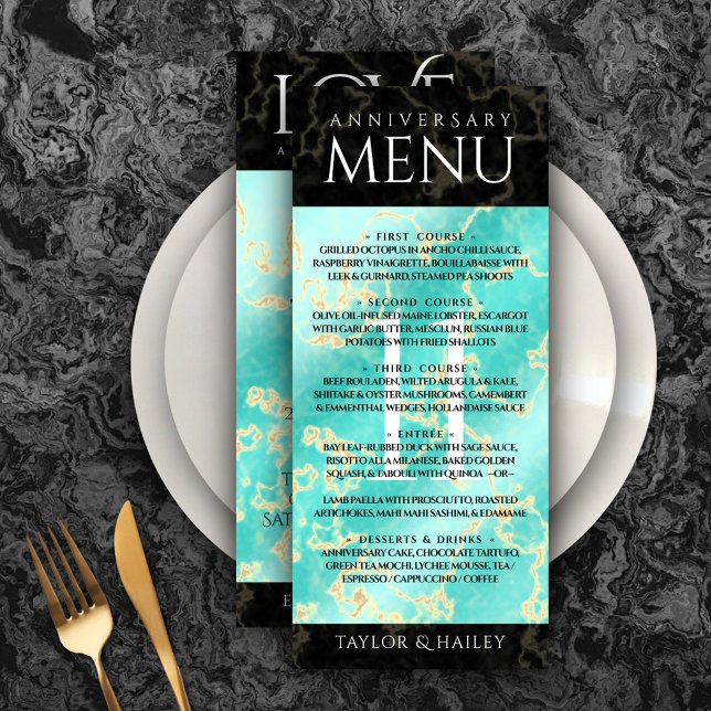 Menu 11ème anniversaire de Mariage turquoise (Elegant 11th Turquoise Wedding Anniversary Menu Rack Card Cover Photo.)