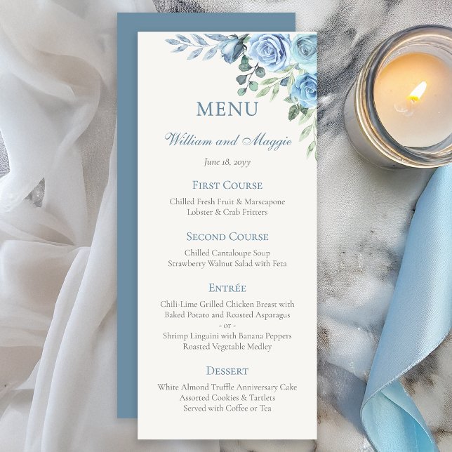 Menu 25e Anniversaire de Mariage Bleu Floral Élégant (Elegant blue floral 25th anniversary menu card for formal dinner settings)