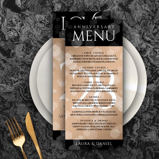 Menu 28e anniversaire du Mariage de lin élégant (Elegant 28th Linen Wedding Anniversary Menu Rack Card Cover Photo.)