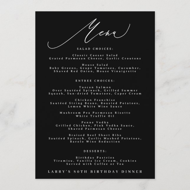 Menu 5 x 7 Classique Naissance Calligraphie Noir Blanc (Devant)