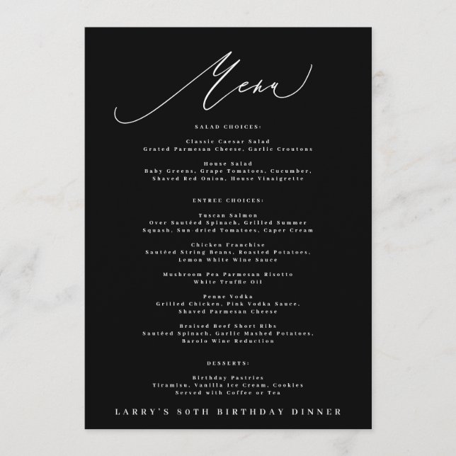 Menu 5 x 7 Elegant Black White Calligraphy Birthday (Devant)