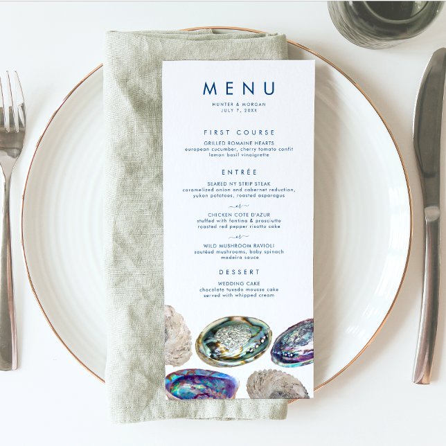 Menu Abalone Shell coloré aquarelle plage Mariage (This watercolor abalone shell wedding menu is perfect for your elegant beach wedding)