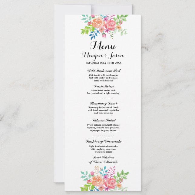 Menu Accueil Mariage Fleurs Élégantes Cartes (Devant)