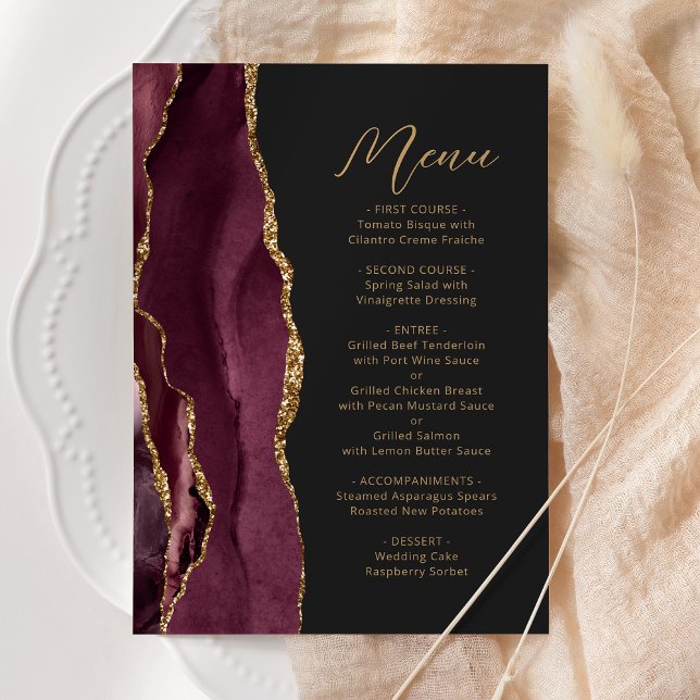 Menu Agate Burgundy Gold Script Mariage foncé (Créateur téléchargé)