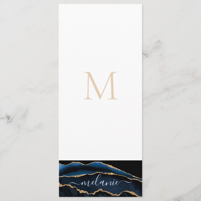 Menu Agate Marine Blue Gold Gemstone Marble Nom du mono (Devant)