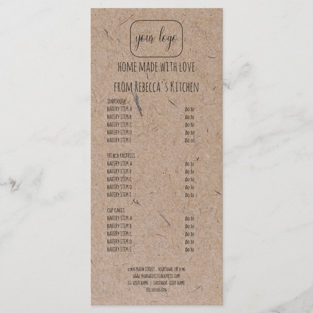 Menu Ajouter Votre Logo Boulangerie Maison Tarifs & (Devant)