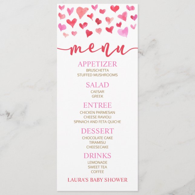 Menu alimentaire Baby shower Red Pink Valentine (Devant)