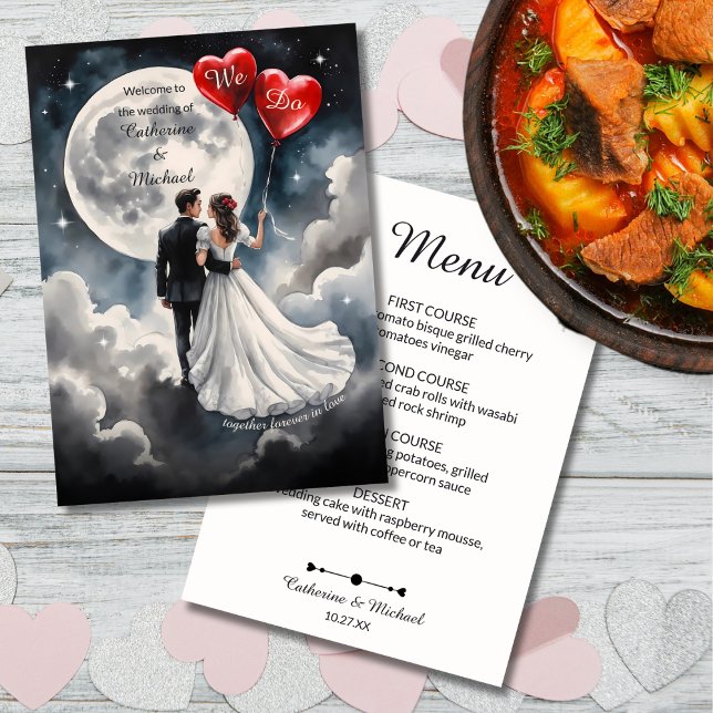 Menu Amour romantique sur Cloud Neuf Mariage Fairytale (Flat lay celestial bride groom with red hearts moon stars – On Cloud Nine Wedding Menu)
