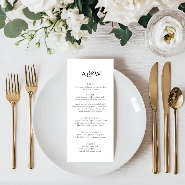 Menu Ampersand Monogramme Mariage noir et blanc (Wedding Menu - Bride & Groom Monogram Initials with Decorative Heart Ampersand.)