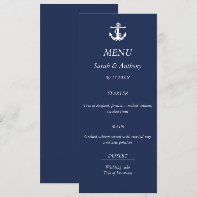 Menu Ancre bleue marine moderne Mariage alimentaire mod (Devant / Derrière)