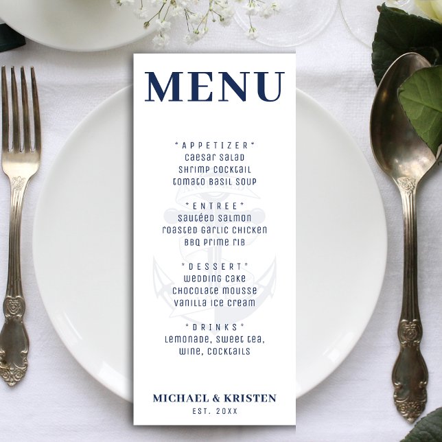 Menu Ancré dans l'amour blanc Mariage d'Ancres nautique (Anchored in Love White Nautical Anchor Wedding Menu
)