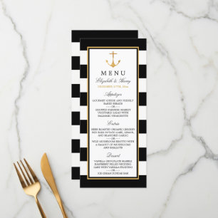 Menu Ancre d'or nautique vintage, Mariage noir et or
