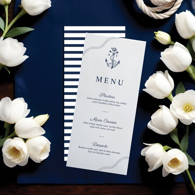 Menu Ancre et corde Monogramme nautique Marine et Blanc (Anchor & Rope Nautical Monogram Navy & White Menu)