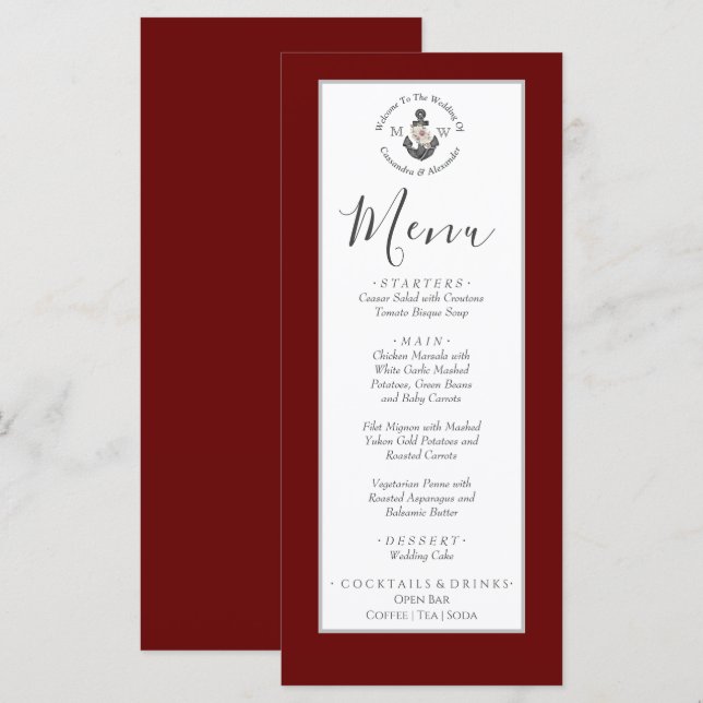 Menu Ancre florale à thème nautique blanc Maron rouge (Devant / Derrière)