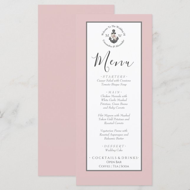 Menu Ancre florale à thème nautique Dusty Rose ros (Devant / Derrière)